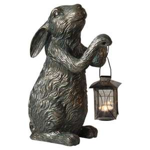 Escultura de conejo de pie de bronce con linterna hecha a mano antigua Vintage decoración de Pascua escultura de conejo de jardín al por mayor - Product Image 1