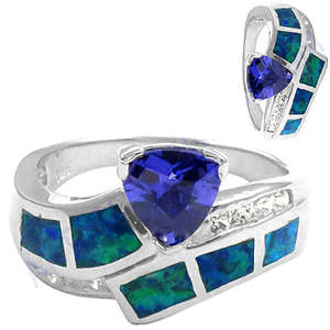 "Geometric Rhodium-Plated Tanzanite & Opal <b>Statement</b> <b>Ring</b> for Women" - Product Image 2
