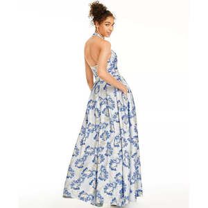 Abito da ballo in raso a trapezio per ragazze Speechless, blu medio, taglia 7, con stampa floreale broccata, scollo all'americana e vita impero, stampa metallizzata - Product Image 2