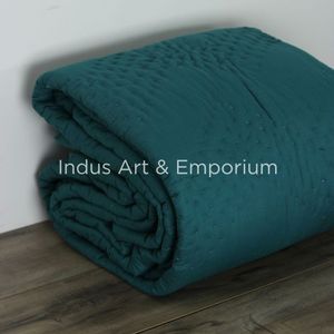 Juego de edredón de cama doble Kantha liso verde botella con dos fundas de almohada edredones de CA de verano Vintage dobles lisos - Product Image 6