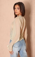 Chemisier décontracté beige à manches longues en mousseline 100 % polyester pour femme, avec volants et dentelle imprimée sur le devant, taille XS, printemps-été-automne, sans bretelles