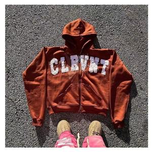 Custom Logo Streetwear Oversized Acid Washed Heavyweight Zip up Hoodie Distressed Letter <b>Patch</b> Work Embroidery Zip up Hoodies - Product Image 3