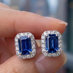 Boucles d'oreilles punk pour femmes, bijoux de haut de gamme 18k, en or blanc, massif, en diamant véritable, octogone, bleu saphir, clous pour dames - Product Image 1