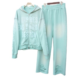 Chándal personalizado con cremallera lavada y desteñida al sol para hombre, chándal con estampado de diamantes de imitación, sudaderas con capucha, pantalones de chándal para hombre desgastados - Product Image 1