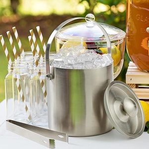 Disposable Stainless Steel Ice Bucket with Tong and <b>Straw</b> Perfect Drink Presentation with Metal Utensil Accessory - Product Image 1