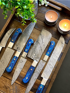 SCL : Ensemble de 7 couteaux de chef vintage en acier Damas, fabriqués à la main, écologiques, avec revêtement antiadhésif et manches en bois de résine. - Product Image 4