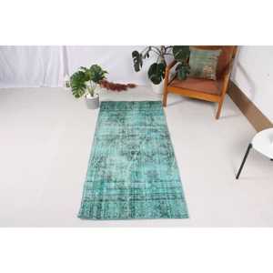 Alfombra Turca Vintage Pequeña de 2.5x5.4 pies, Alfombra con Borde Azul de Lana - Product Image 1