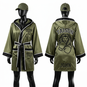 Premium 180 GSM Satin Boxing Robe Olive Green Black Panel Hooded Custom Logo Sublimation Print - Product Image 1