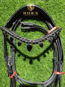 Brida de cuero Premium para doma, banda para cejas de cristal de piedra negra con relleno negro suave a precio mayorista... - Product Image 3