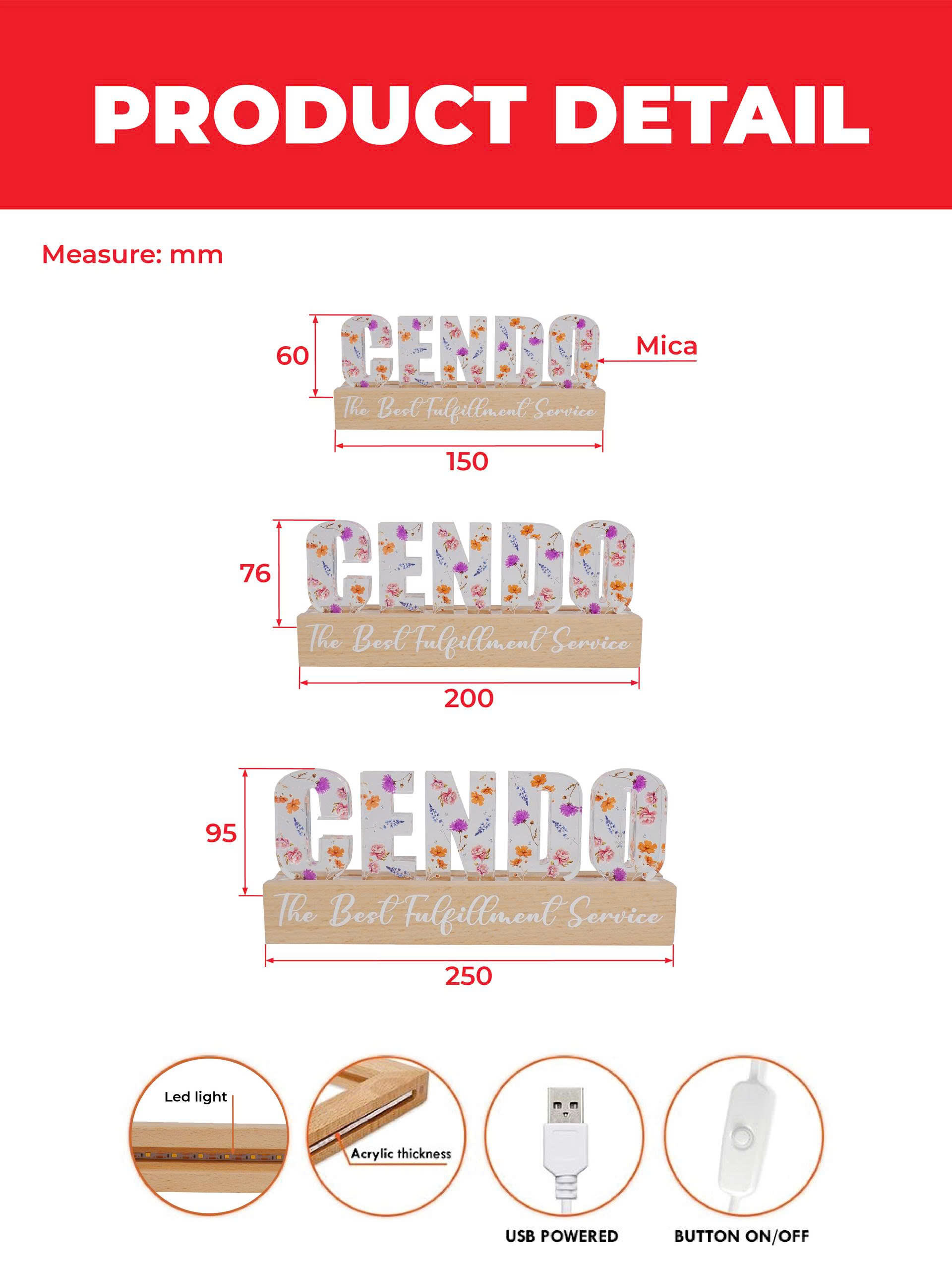 อะคริลิค + ฐานไม้ + ไฟ LED แบบบูรณาการ