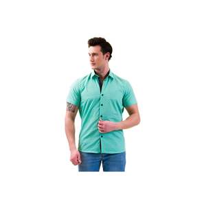 Chemise en Coton à Manches Courtes Coupe Slim à Motifs Imprimés Bleu Marine Turquoise - Product Image 5