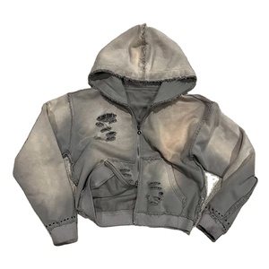 Men's 500 Gsm Heavyweight Terry Acid Wash Hoodies Double Zipper Custom Distressed Rhinestone New Style Zipper Hoodies - Product Image 1