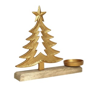 High Quality Gold Aluminium <b>Christmas</b> <b>Tree</b> <b>Candle</b> Holder With Wooden Base Eco-Friendly Tealight Stand For Home Decoration - Product Image 1