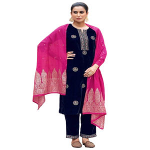 Magnifique ensemble Kurta Pant Dupatta pour femmes en velours rayonne, haut de gamme, séchage rapide, sans plis, traditionnel, pour les fêtes et les mariages - Product Image 1