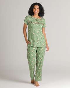 Ropa de dormir de verano para mujer con logotipo personalizado OEM, conjunto de pijama de Cintura elástica de tejido de punto suave transpirable, estampados florales vibrantes completos - Product Image 1