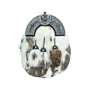 White Rabbit Fur Sporran With 3 Tassels | Leather Drop Sporran For Kilts | Free Belt Fits 30-48 Inch Waist