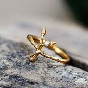 Bague branche en argent sterling 925 plaqué or bijoux de mode faits à la main pour les femmes conception de feuille de nature avec diamant CZ - Product Image 1