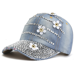 Casquette de baseball en denim unisexe élégante à motif de feuilles et ornée de diamants, 6 panneaux, polyester/coton, réglable, pour l'extérieur - Product Image 5