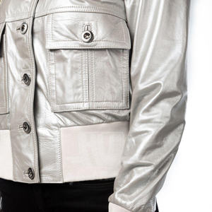 2025 chaqueta de cuero de piel de cordero de Color plateado con botones para mujer, camisa informal, chaqueta de cuero de manga larga para mujer con bolsillo de busto - Product Image 5