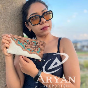 Cartera tallada a mano, funda de teléfono de embrague, elegante piel de vaca, billetera de Color turquesa, billetera de cuero occidental multiuso - Product Image 1