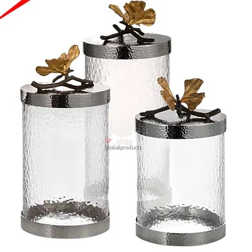 luxury design glass canister with metal designer butterfly lid decorative jars for kitchen home decor