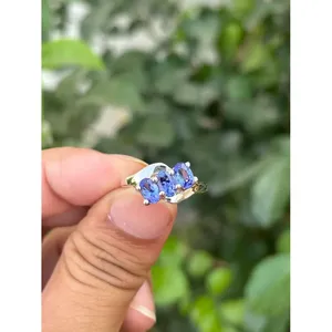Bague pour homme en argent 925 avec tanzanite géométrique et diamant taille ovale, sertie en vermeil plaqué rhodium, pour fiançailles - Product Image 1
