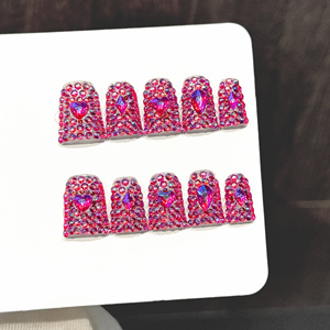 <span class=keywords><strong>Uñas</strong></span> Postizas Hechas a Mano al por Mayor Estilo Y2K, 10 Piezas, 3D, Color <span class=keywords><strong>Rosa</strong></span> Brillante, con Cristales, <span class=keywords><strong>Uñas</strong></span> de Pato con Pedrería Completa, Reutilizables, Acrílicas, de Lujo - Product Image 6