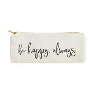 Trousse de Maquillage Portable Be Happy, Pochette de Voyage en Toile de Coton Durable avec Fermeture Éclair, Sac Organisateur à Motif Lettres - Product Image 1