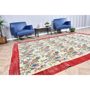 พรมวินเทจขนาดใหญ่ 6.4x9.5 ฟุต พรมตุรกี พรมขนสัตว์สีแดงลายปะติด - Product Image 2