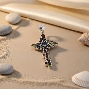 Bijoux de mode pour femmes en argent 925, pendentif croix multi-pierres avec pierres serties en bélière, breloques - Product Image 1