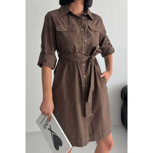 Vestido Camisero Largo con Botones y Cintura Natural, Transpirable - Product Image 2