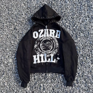 Sustainable fashion Custom Embroidered Patches Logo Vintage Zip up Distressed Heavyweight Applique Patch Oversized <b>mens</b> Hoodies - Product Image 2