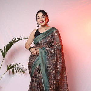 Digitale Bedrukte Sari 'S Met Gouden Rand En Blouse Traditionele Kleding Feestkleding Functie Dragen Mooie Kleur - Product Image 1