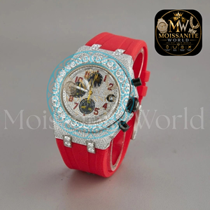 Half Iced out Premium VVS D Color Moissanite Diamond Wrist <b>Watch</b> Red <b>Rubber</b> Band <b>Watch</b> For Unisex On Best Factory Price - Product Image 3