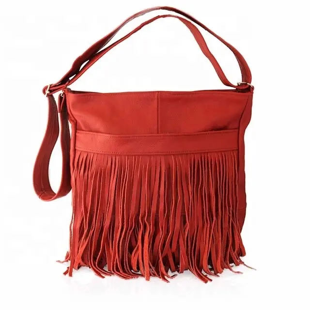 Bolsos de cuero de ante rojo de estilo con flecos de calidad superior para mujer con logotipo personalizado