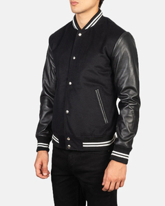 Veste universitaire classique noire avec manches en cuir de qualité supérieure, col et poignets côtelés, fermeture à boutons-pression et coupe moderne ajustée - Product Image 2