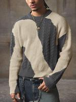 Pull court ample en maille torsadée beige et gris pour homme, 100 % coton respirant, anti-boulochage, chaud, avec blocs de couleur, col ample, personnalisable (ODM)