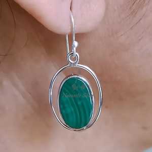 Malachite <b>Earrings</b>, <b>Sterling</b> <b>Silver</b> <b>Dangle</b> <b>Earrings</b>, Handmade Oval Jewelry - Product Image 4