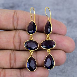 Purple Amethyst Pear Oval Gemstone Earrings 925 Sterling <b>Silver</b> with Gold Plating Trendy Wedding Accessories Gifts for Women - Product Image 2