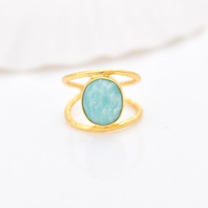 Bague en amazonite naturelle élégante à double bande ovale pour mariage, demoiselle d'honneur, couleur estivale, argent 925, or 14 carats - Product Image 3