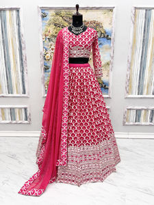 Diseñador indio señoras Faux Georgette lentejuelas bordado trabajo largo vestido de fiesta alto listo para Lehenga Dupatta para Bollywood - Product Image 6