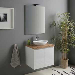 60cm High Gloss <b>White</b> Suspended Bathroom Cabinet Featuring Natural Oak Top <b>Mirror</b> and Baltimora Lamp - Product Image 2