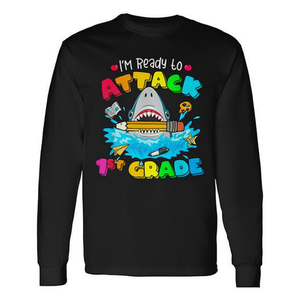 T-shirt à manches longues Requin de 1ère année Prêt à attaquer Rentrée scolaire Motif animal marin Vêtements promotionnels - Product Image 2