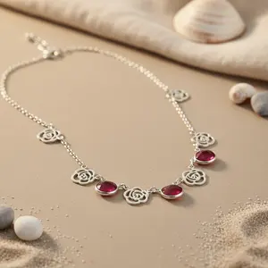 Collier fin en argent 925 pour femme, bijoux floraux, avec accent de rubis rose - Product Image 1