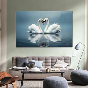 Decoración en lienzo de cisnes enamorados: arte impreso en plano, elegante tema animal, 1P: estirado sobre lienzo - Product Image 1