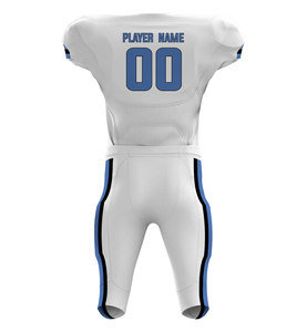 Customizable College American <b>Football</b> Wear <b>White</b> Blue Team Design Printed Sublimation Pattern Logo on OEM Jersey Plus Size Set - Product Image 3