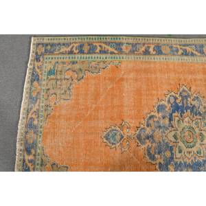 Alfombra de lana turca vintage de 5 pies, 7 pulgadas x 9 pies, naranja y azul, tejido plano rectangular clásico con patrón de retazos con respaldo de látex - Product Image 3