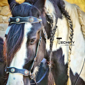 Juego de cabeza y cuello de pecho de cuero Argentino tallado occidental Premium ligero, elegante y de temporada para equitación ecuestre - Product Image 1