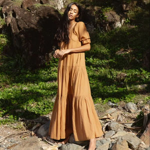 Robe maxi en coton naturel à volants, style bohème, couleur terre cuite, pour femmes, manches cloche, robe de plage - Product Image 1