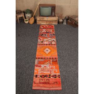 Tapis turc, tapis vintage 2,2x9,5 pieds, tapis géométrique orange brun - Product Image 1